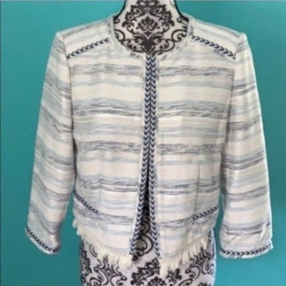 White House Black Market White and Light Blue Striped Fringe Jacket